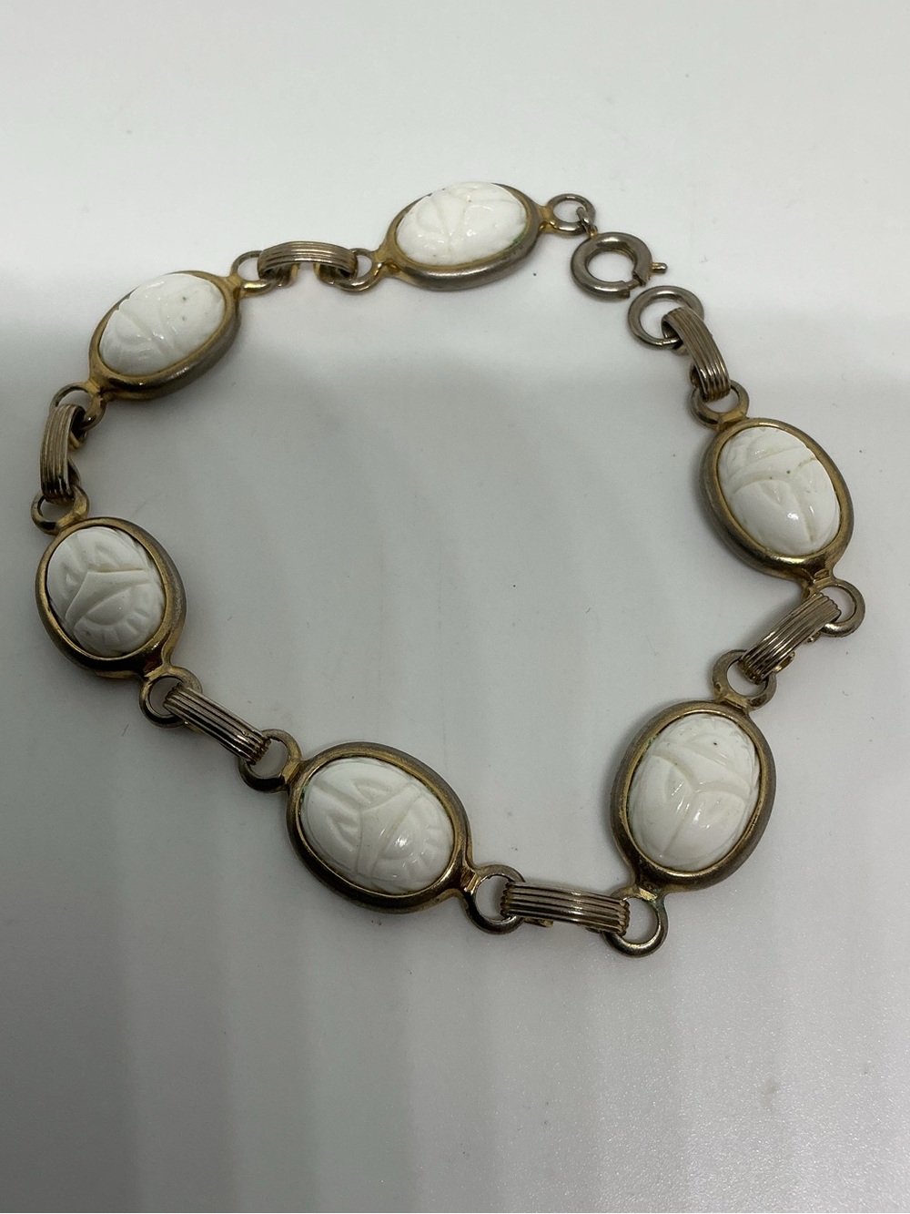 Vintage Egyptian Revival Milk Glass Scarab Bracelet